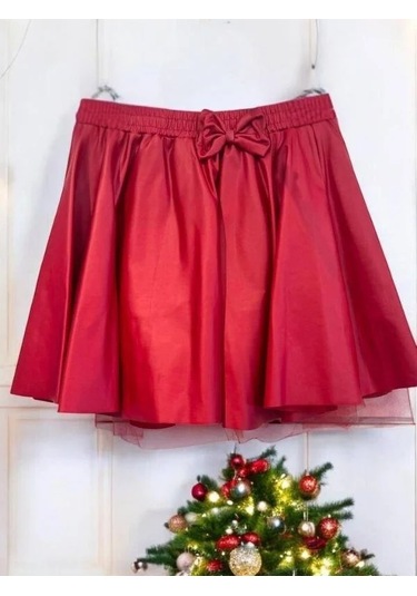 Kız Çocuk Fiyonk Detaylı Deri Etek-15121 Kırmızı