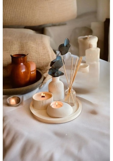 Akronistone Dekoratif Tepside Vanilya Kokulu Ahşap Fitil Mum Tealight Mumluk ve Oda Kokusu 5'li Set