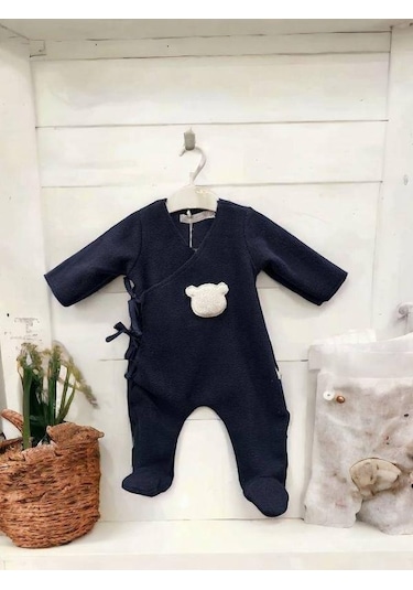 Kız Bebek Ayıcık Desenli Polar Kışlık Tulum-15267 Lacivert