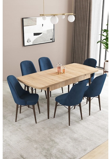 Sar Pakete Almira Serisi, Meşe Desen 80x132 Açılabilir Mdf Mutfak Masası Takımı 6 Adet Sandalye Lacivert