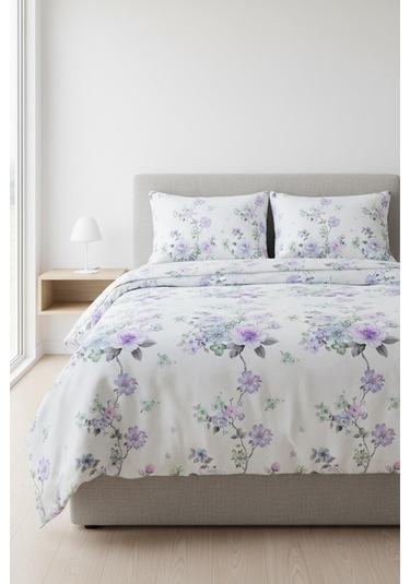 Lavanta Bahçesi Çift Kişilik %100 Pamuk Nevresim Takımı Beyaz