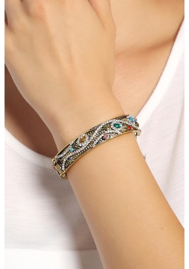 Tblk02883 Renkli Taşlı Döküm Metal Kelepçe Model Kadın Bilezik 2881-2887 Çok Renkli