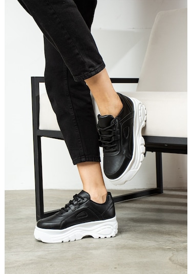 Günlük Kadın Spor Ayakkabı Yüksek Kalın Taban 6 Cm Suni Deri Sneaker 001 Siyah - Beyaz