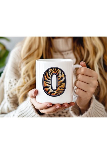 O Harfi Kaplan Figürlü Nakış Desenli Kupa Bardak - Kişiye Özel Vahşi Hayvan Desenli Kupa - Hediye Beyaz