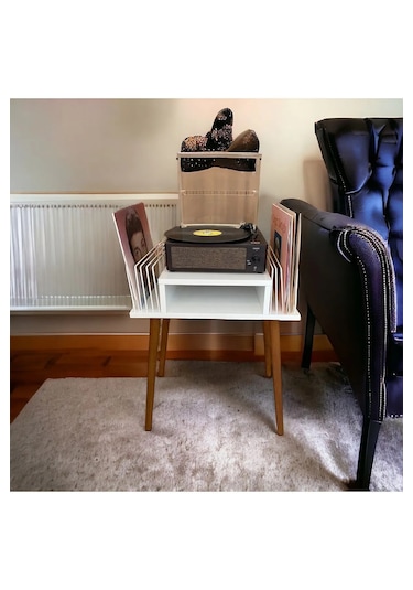 Plak Ve Pikap Sehpası 2 Li Beyaz Ahşap Ayaklı