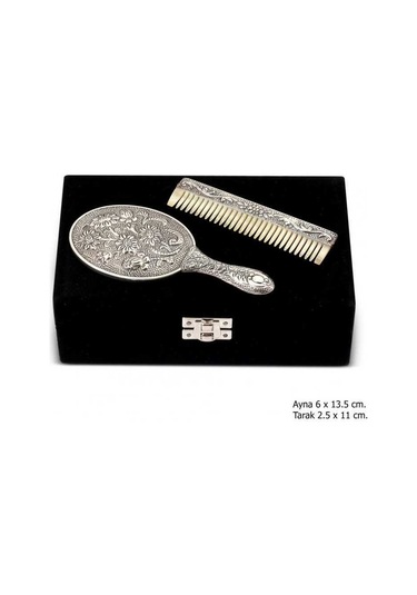 Papatya Motifli Gümüş Ayna Tarak Set