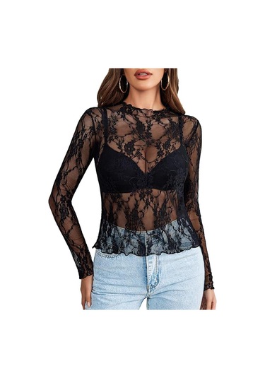 Kadın File Üst Uzun Kollu Balıkçı Yaka Şeffaf Bluz Şeffaf Çiçek Dantel Üstler Siyah