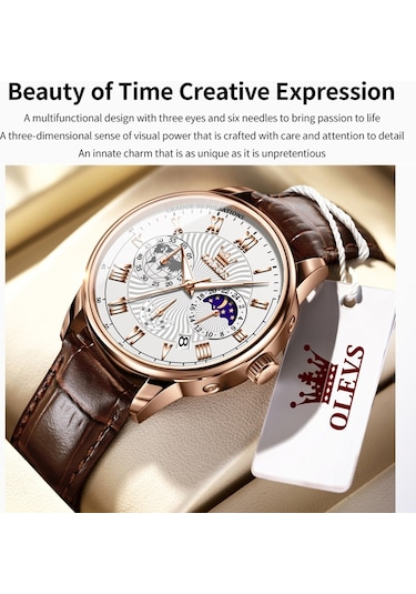 Olevs 2893 Erkekler Çok Fonksiyonlu İş Kuvars Saati Kahverengi + Beyaz