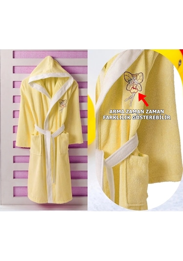 Kapşonlu Pamuk Kız Çocuk Bornozu Sarı (12, 14, 16 Yaş) Sarı