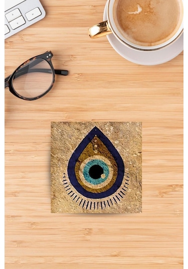 Baskılı Doğaltaş Bardak Altlığı - Doğal Taş Bardak Altı - Tekli Nazar Boncuğu Çok Renkli