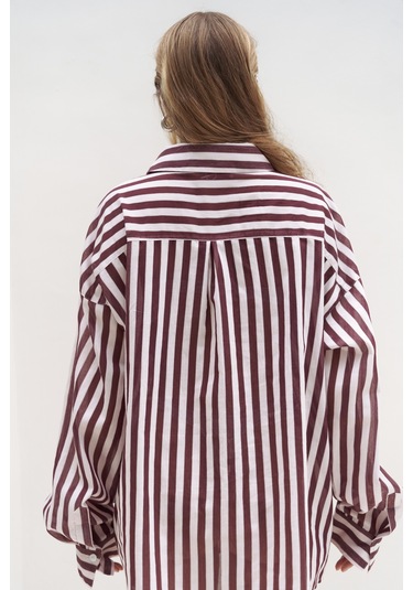 Rosy Transparan Çizgili Bordo Oversize Gömlek bordo