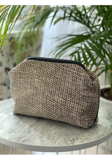 Muz Lifi Dokuma Siyah Deri Detaylı El Çantası Siyah