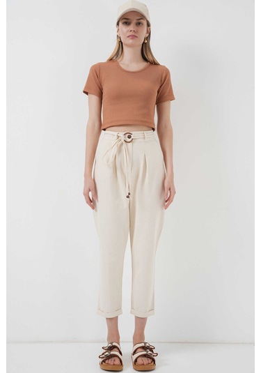 Gabria Kemerli Duble Paça Keten Pantolon Krem