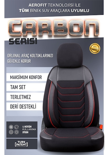 Renault Megane 2 Station Wagon Uyumlu Lüx Deri Detaylı Oto Koltuk Kılıfı Ön Arka Takım Carbon Siyah Kırmızı