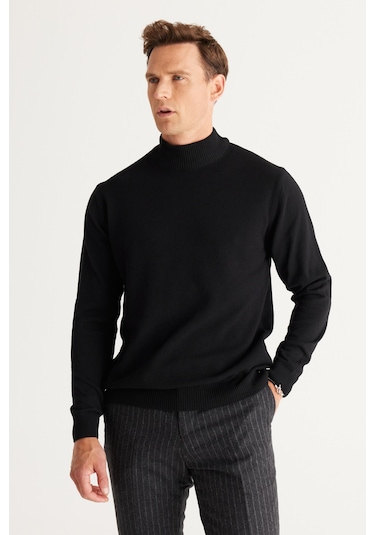 Altinyildiz Classics Erkek Siyah Standart Fit Normal Kesim Yarım Balıkçı Yaka Pamuklu Triko 4A4921100008SYHS Siyah