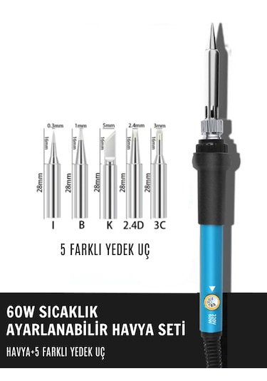 ST-60 Model Profesyonel 60W Isı Ayarlı Havya + 5 Kaliteli Yedek Uç