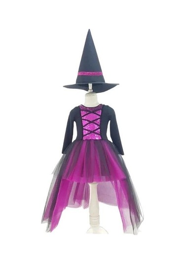 Cadılar Bayramı Halloween Fuşya-siyah Şapkalı Cadı Kız Çocuk Kostümü