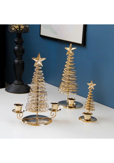 Suntek Çift Tekli Mum Bardaklı Metal Altın Yıldız Ağacı