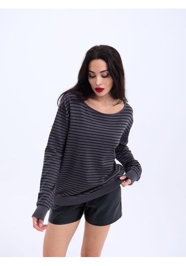 4215 Triko Çizgili Salaş Kazak-antrasit-siyah Altın