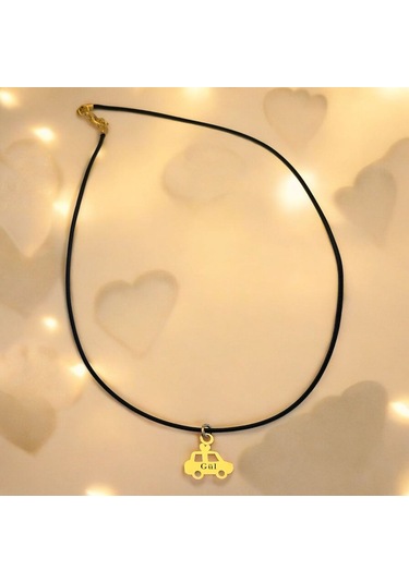 Gül İsmine Özel 14 Ayar Altın Plakalı Siyah Bağlıklı Araba Figürlü Hediyelik Kolye-630isim Gül
