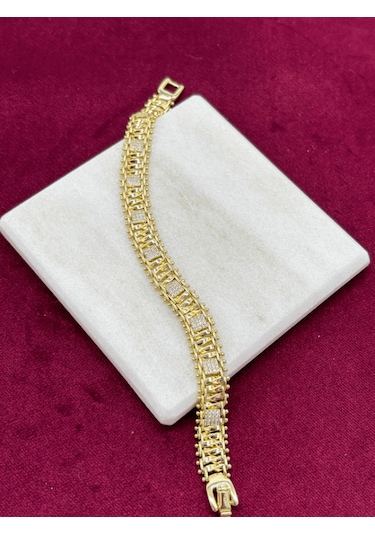 Silver Kare Taşlı Gold Örme Model Bileklik Gold