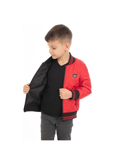 Erkek Çocuk Kırmızı Kolej Yaka İçi Astarlı Su Ve Rüzgar Geçirmez Fermuarlı Cep Mont Kırmızı