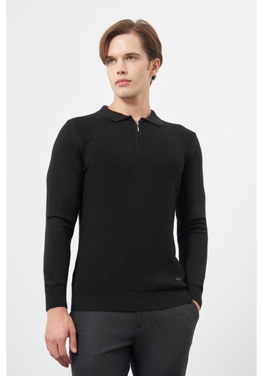 Siyah Uzun Kol Kendinden Desenli Örme Polo Yaka Classic Comfort Fit Triko 1012245156 Siyah