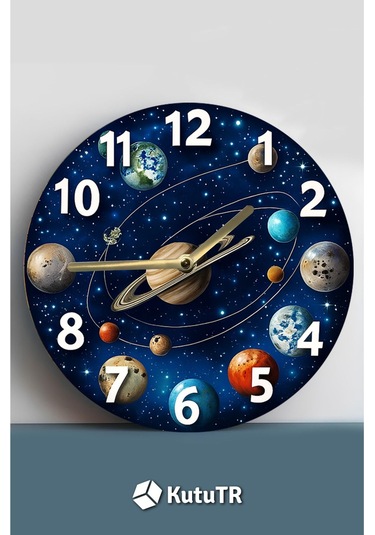Gezegen Temalı Mdf Duvar Saati 33 Cm, 3d Görünümlü, 2d Hd Baskı, Sessiz Mekanizma Sdw234 Renkli