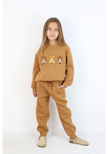 Kız Çocuk 3'lü Ayıcık Nakışlı 3 İplik Oversize Şardonlu Takım Kahverengi