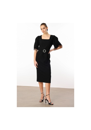 Moda İlgi Kadın Kolları Şerit Boncuk Aksesuarlı Elbise 0001 Siyah Siyah