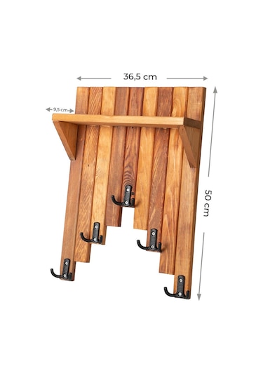 Ahşap Duvar Ve Kapı Askısı Elbise Askılık Raflı Piyano Model 5 Askılı 50x36x9 Cm Meşe