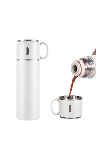 Kişiselleştirilebilir 3 Bardaklı Çelik Termos 05 Lt Beyaz Beyaz