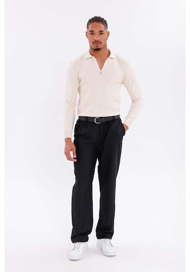 Monox Erkek Yarım Fermuarlı Polo Yaka Triko Kazak Bej