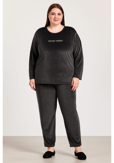 Kadın 13213 Büyük Beden Kadife Pijama Takımı Yeşil YESIL