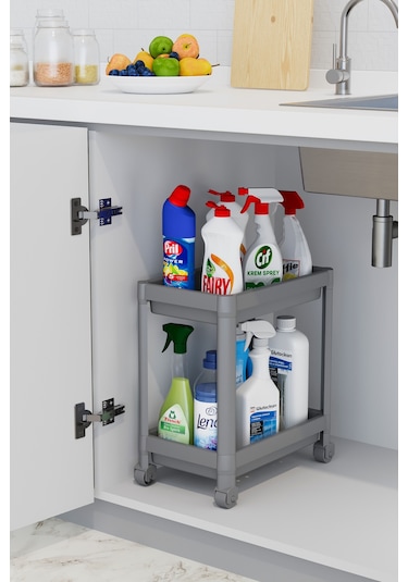 2 Katlı Düzenleyici Mutfak Rafı Banyo Rafı, Dolap Tezgah Altı Evye Altı Deterjanlık - Gri Gri