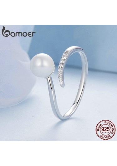 Bamoer 925 Ayar Gümüş Kaliteli Kabuk Inci Açılış Yüzük Zirkon Ayarlanabilir Yüzük Zarif Güzel Takı Kadınlar İçin