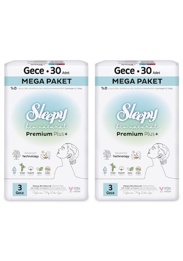 Sleepy Bio Natural Premium Plus Hijyenik Ped Mega Paket Gece 30x2 (60 Adet) + Cüzdan Hediyeli