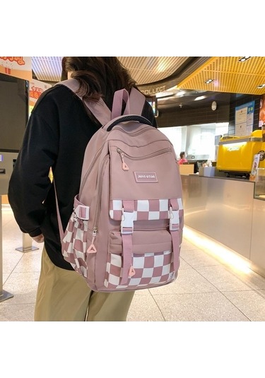 Novahub Siyah Dama Tahtalı Çanta Desenli Okul Çantası Kız Öğrenci Sırt Çantası Ortaokul Kadın Sırt Çantası Siyah