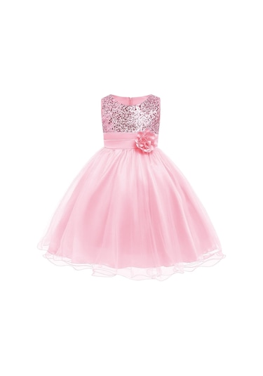 Kız Çocuk Pullu Payetli Abiye Elbise-Pembe