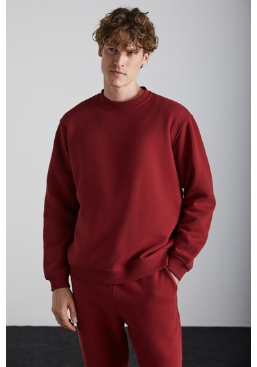 Grımelange Travıs Erkek Organik Kumaşlı Yumuşacık Regular Fit Yuvarlak Yakalı Bordo Sweatshirt Bordo