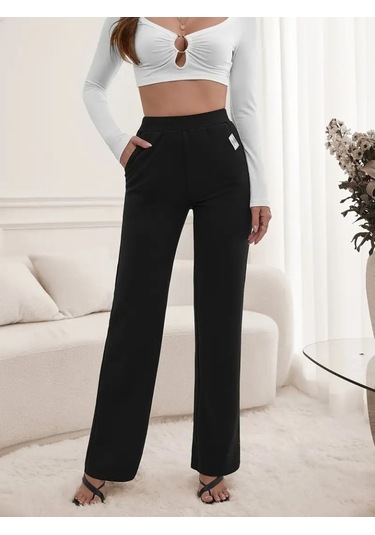 Leyla Sanat Sanata Yeni Bir Bakış Açısı Kadın Yüksek Bel Cepli Geniş Kesim Ithal Krep Pantolon Siyah