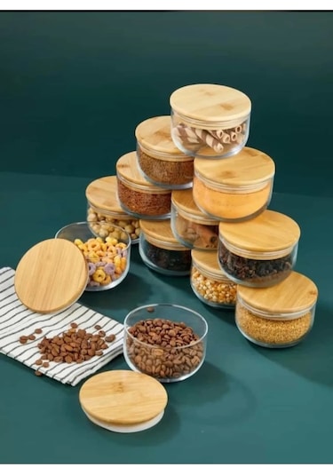 Morponi Bambu Kapaklı Cam Erzak Kavanozu 6'lı 380 ML