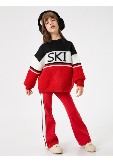 Koton Kazak Yuvarlak Yaka Renk Bloklu Yazı Detaylı Kırmızı 4wkg90018ht 4WKG90018HT401 Kırmızı