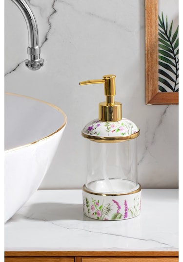 Porsima 3127-1 Gold Kapaklı Porselen Ve Cam Sıvı Sabunluk Çiçek Desenli Ve Şeffaf Tasarım 350 Ml Gold