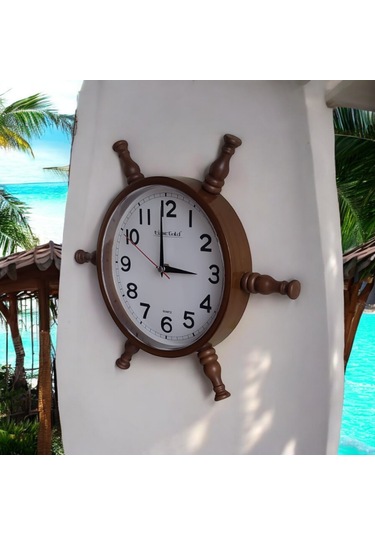 Nostaljik Eskitme Ahşap Gemici Dümen Duvar Saati Çap 35 Cm Eskitme