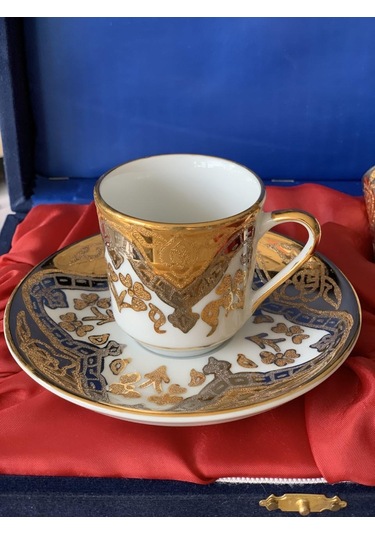 Güral Porselen El Dekoru 2 Kişilik Altın Yaldızlı Türk Kahve Finc