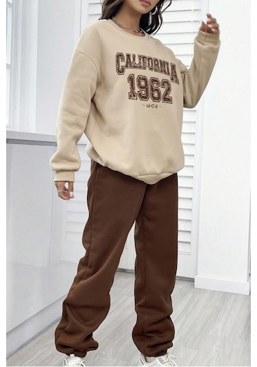 Modagen Unisex Kahverengi Bej Bisiklet Yaka California Baskılı Alt-üst Eşofman Takımı Kahve-bej