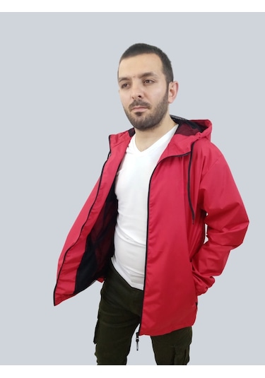 Erkek Kapüşonlu File Detaylı Kırmızı Yağmurluk Kırmızı