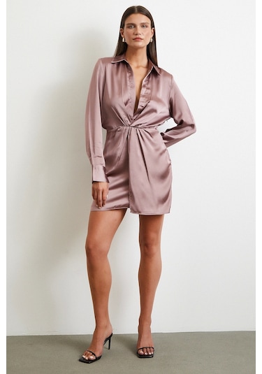 Viskon Saten Gömlek Elbise Yeşil Yeşil