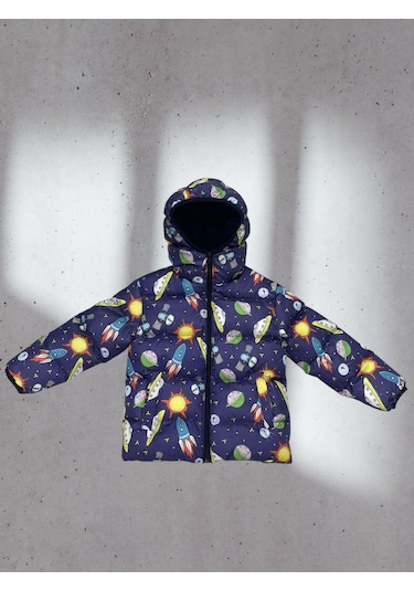 Erkek Çocuk Içi Polarlı Kapüşonlu Ufo Desenli Kışlık Şişme Mont Çok Renkli